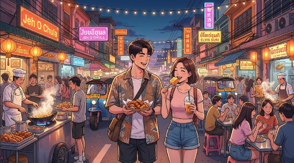 방콕 현지 MZ 세대들의 야간 미식 성지인 반탓통 거리에서 유명 스트리트 푸드와 디저트를 즐기며 데이트하는 한국인 커플 애니메이션 일러스트