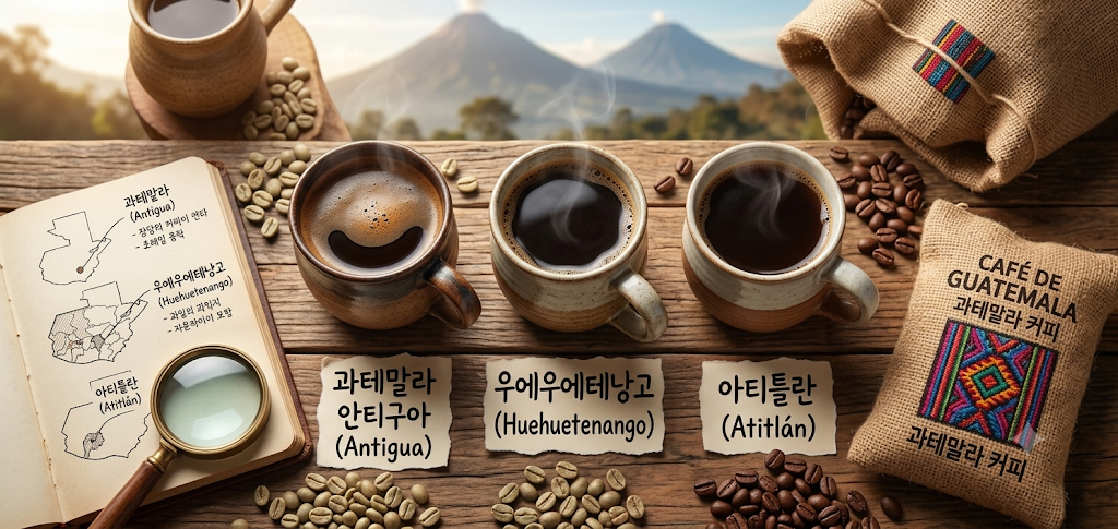 과테말라 대표 커피 산지 3곳의 특징을 한눈에 보여주는 비교 이미지.
따뜻한 화산 배경 앞, Rustic한 나무 테이블 위에 각기 다른 스타일의 수제 머그잔 3개가 놓여 있다. 왼쪽부터 안티구아 (Antigua) 커피는 깊고 짙은 갈색이며, 아래 라벨에 한글로 "과테말라 안티구아 (Antigua) - 스모키, 다크 초콜릿"이라 쓰여 있다. 중앙의 우에우에테낭고 (Huehuetenango) 커피는 밝은 오렌지빛이 감돌며 라벨에 "우에우에테낭고 (Huehuetenango) - 과일 산미, 꿀"이라 쓰여 있다. 오른쪽의 아티틀란 (Atitlán) 커피는 붉은빛이 도는 풍부한 갈색이며 라벨에 "아티틀란 (Atitlán) - 견과류 고소함, 바디감"이라 쓰여 있다.
세 잔의 커피 아래에는 각각의 원두 특성을 보여주듯, 로스팅된 갈색 원두와 로스팅 전의 연녹색 생두가 함께 놓여 있다. 왼쪽 아래에는 과테말라 3개 커피 재배 산지를 한국어 지명으로 표시한 작은 지도와 커피를 테이스팅하는 돋보기가 보인다. 오른쪽 아래에는 과테말라 전통 직물 패턴이 새겨진 커피 자루가 놓여 있다. 이미지 상단에는 과테말라의 화산 지대가 구름과 자연광 속에 배경으로 깔려 있어 커피 원산지의 분위기를 더한다.