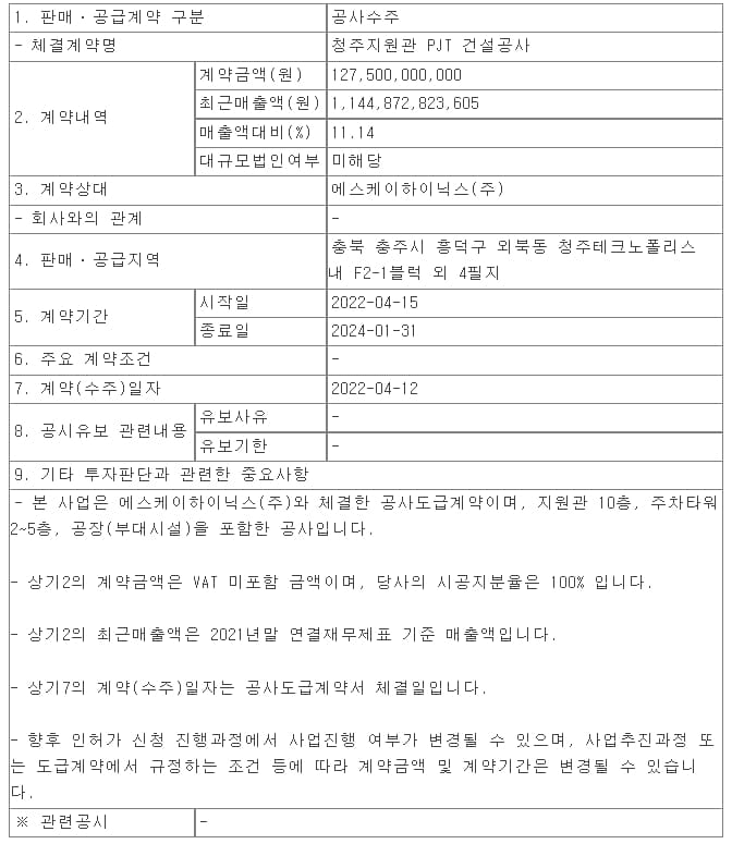 동부건설 청주지원관 PJT 건설공사