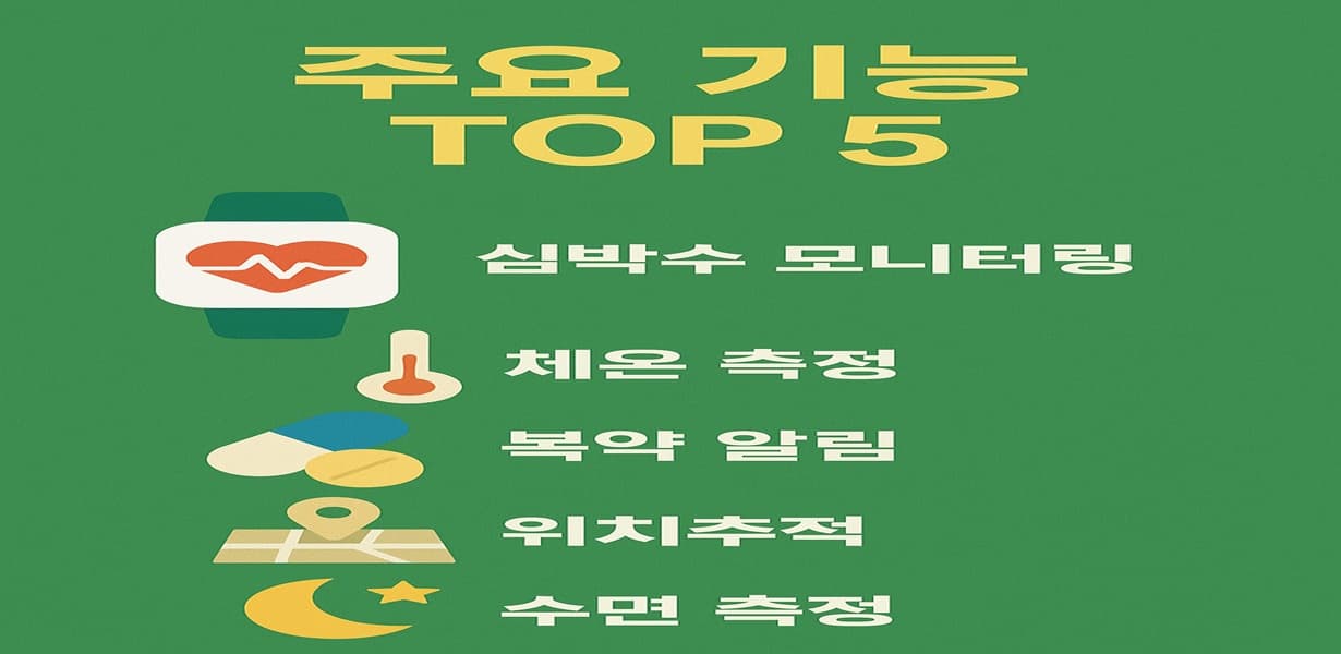 “스마트워치와 웨어러블 기기의 주요 기능 TOP 5를 안내하는 인포그래픽 이미지”