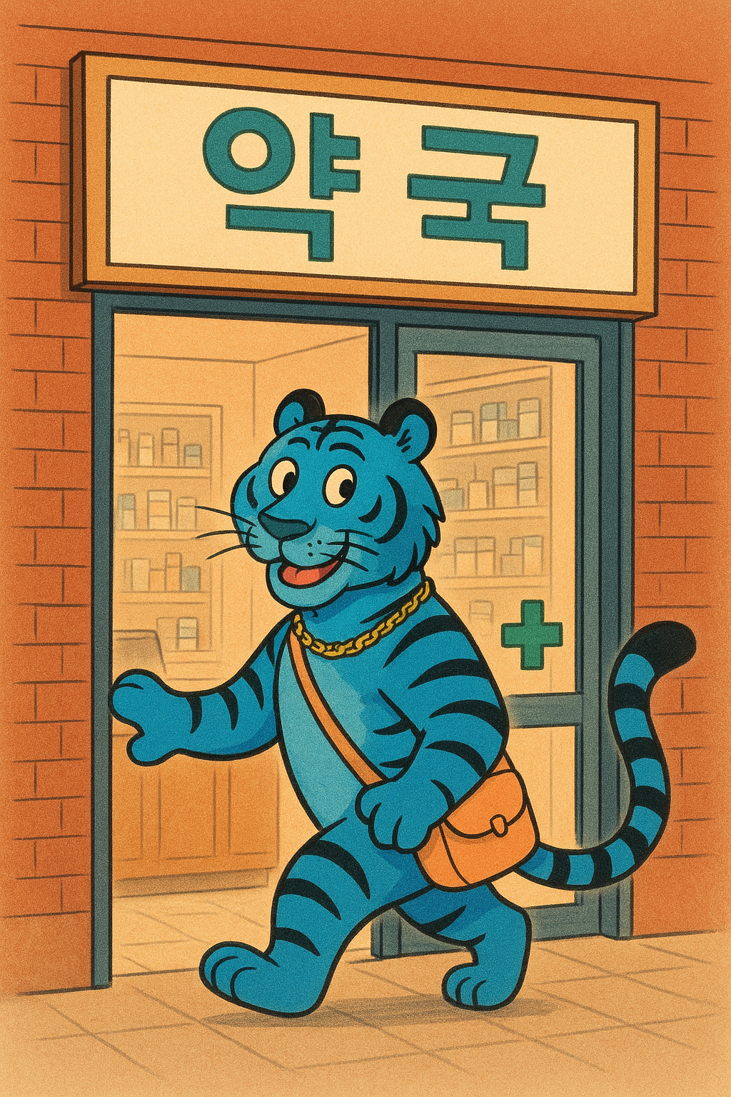 약국에 방문하는 파란 호랑이