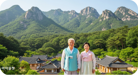 청송 주왕산 마을 전경과 노부부