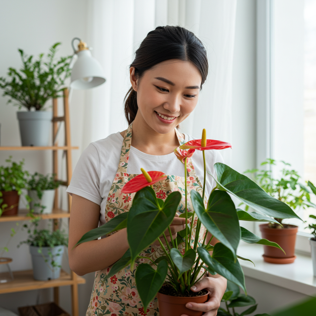 안수리움을 흐뭇하게 바로보는 여성