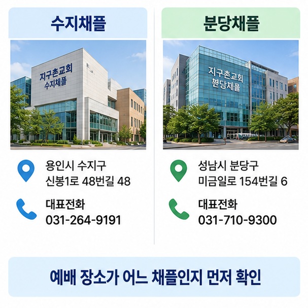 수지채플과 분당채플 위치와 대표전화, 채플별 예배시간을 공식 홈페이지에서 확인하는 방법을 설명한 이미지