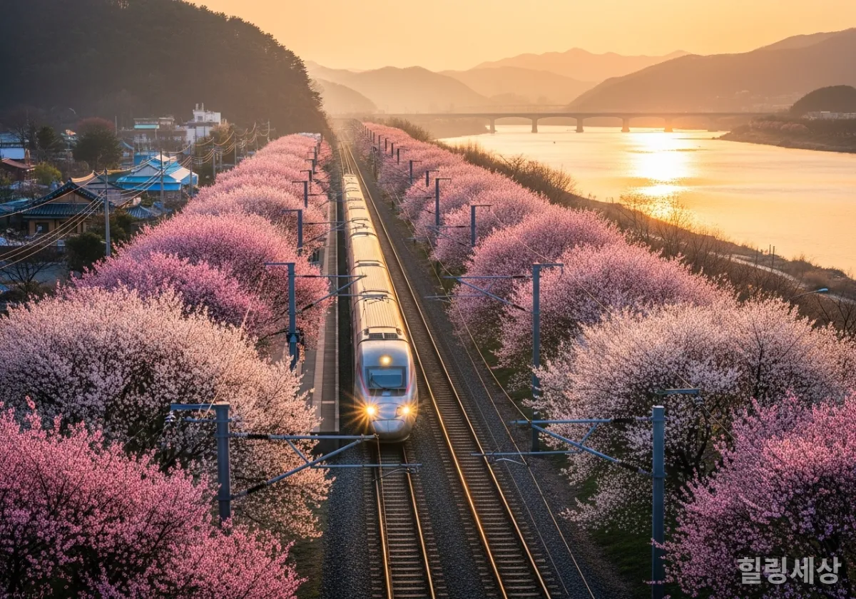 양산 원동역 철길을 따라 핀 매화꽃 터널 사이로 기차가 지나가는 낭만적인 풍경