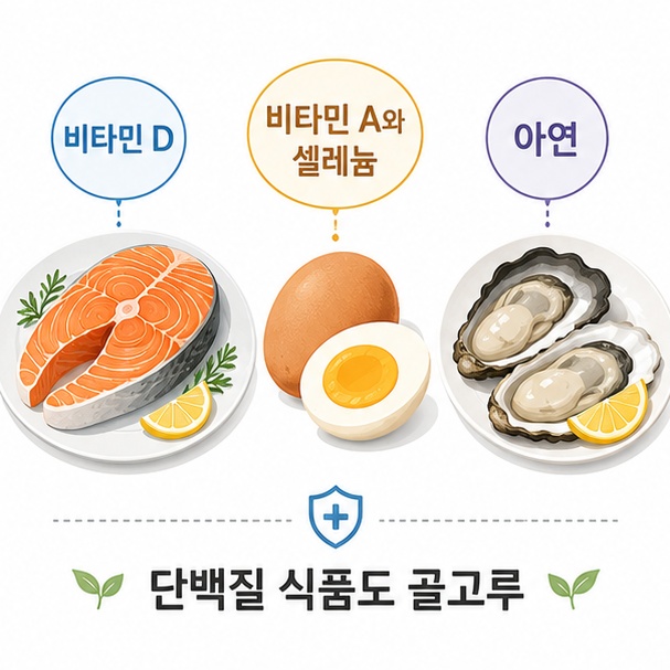 연어의 비타민 D, 굴의 아연, 달걀의 비타민 A와 셀레늄처럼 동물성 식품에서 얻을 수 있는 영양소를 보여 주는 그림