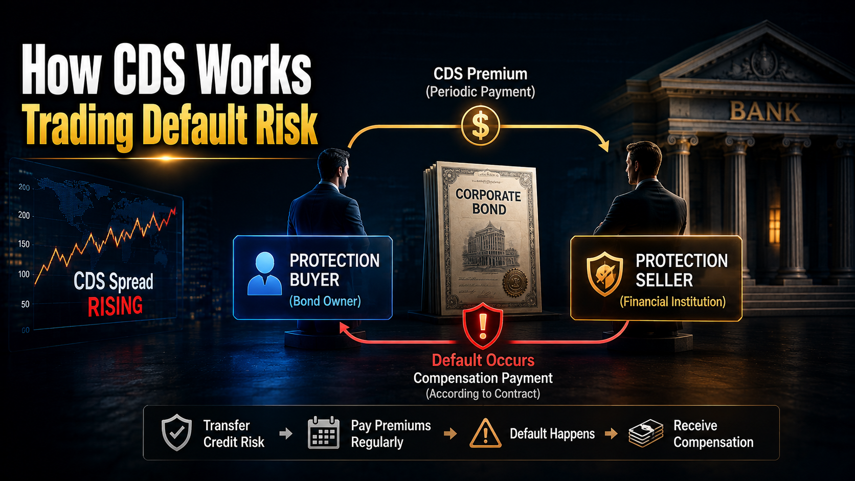 How a Credit Default Swap works with premium payments, protection buyer, protection seller, and default compensation process.