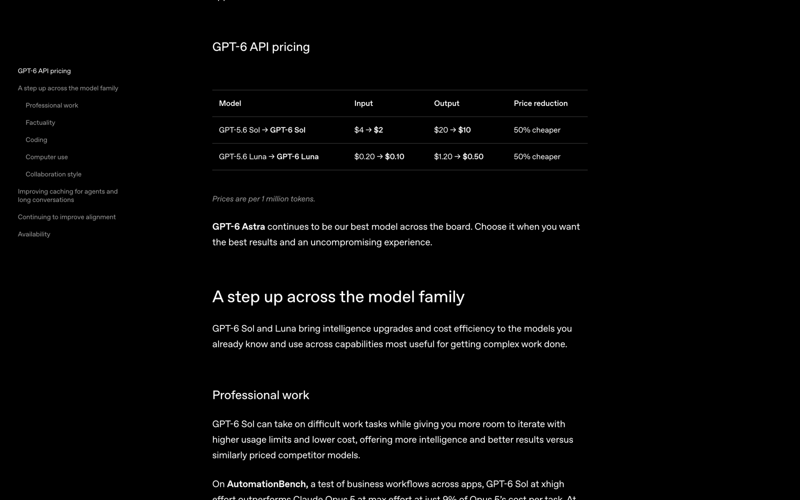 오픈AI 발표문의 GPT-6 솔&middot;루나 API 가격 인하 표