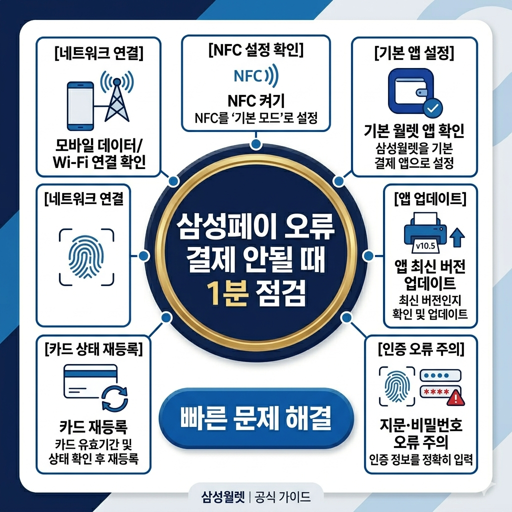 삼성페이 오류 결제 안될때 해결 방법, 삼성월렛 설정·NFC·카드 문제 인포그래픽