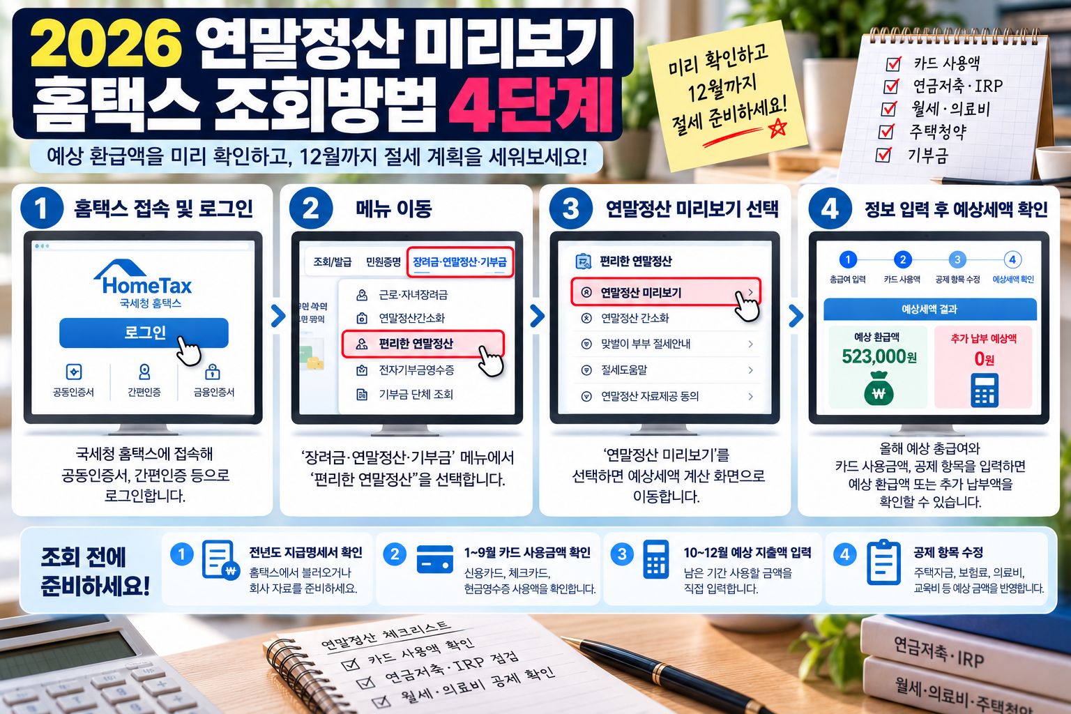 2026 연말정산 미리보기 홈택스 로그인부터 예상 환급액 조회까지 4단계 이용방법