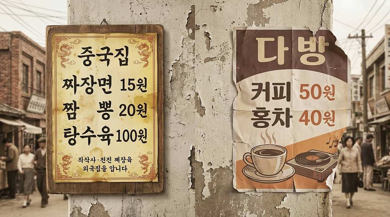 1960년대 중화요리집 짜장면 15원 메뉴판과 다방 커피 50원 광고 합성 이미지