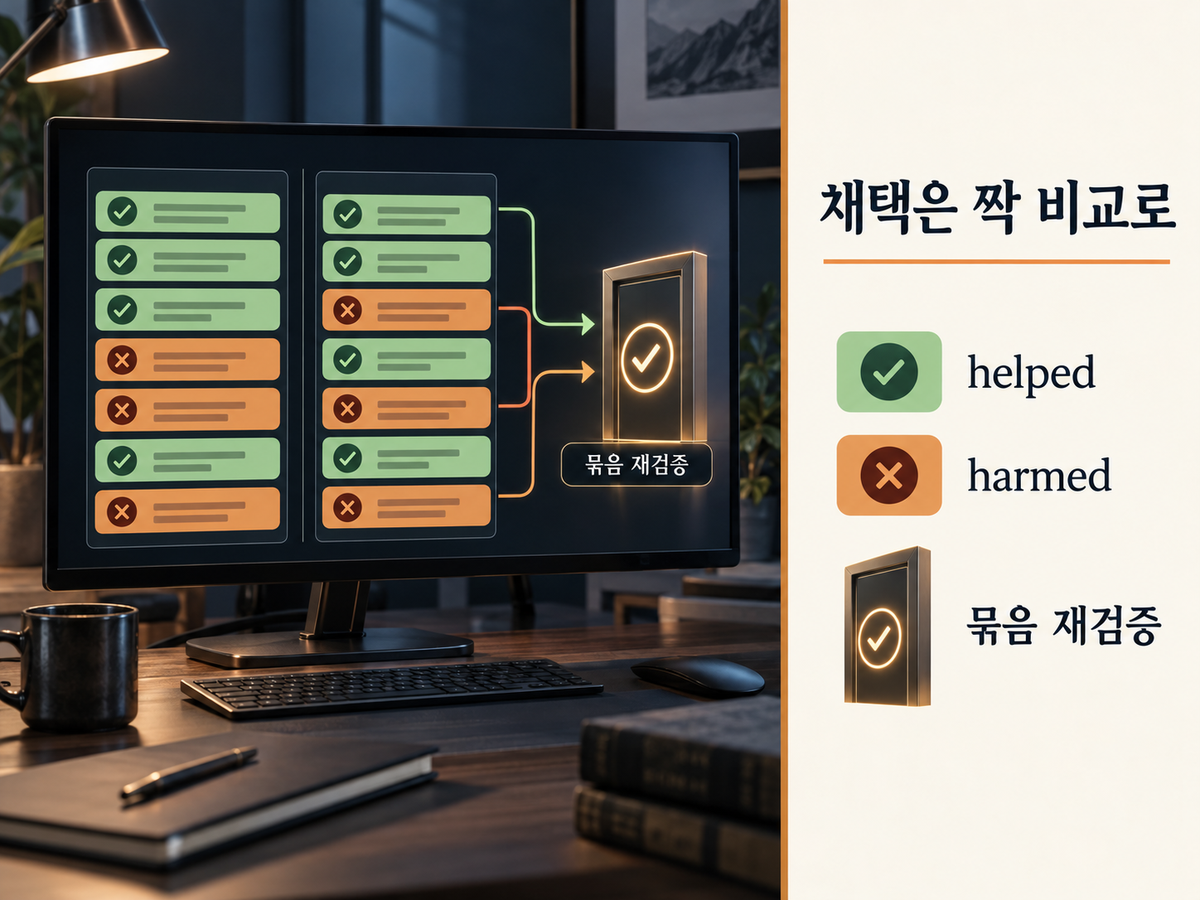 helped와 harmed를 같은 검증 질문에서 비교해 라이브러리를 채택하는 paired admission 설명 카드