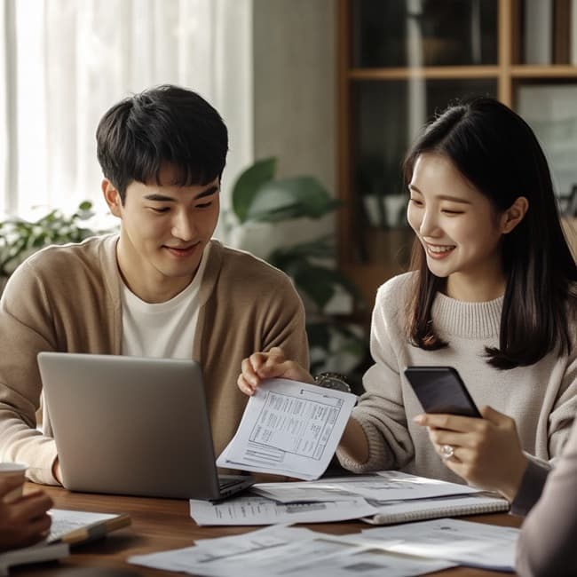 은행에서 전세 계약 관련 서류를 제출하는 청년