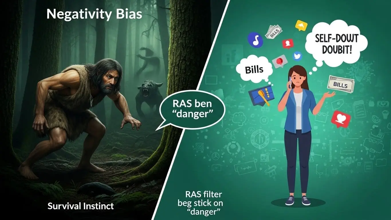 원시인이 위험을 감지하는 모습과 현대인이 일상적 걱정에 집중하는 모습이 대비되어 부정 편향과 RAS의 연결성을 보여주는 이미지.