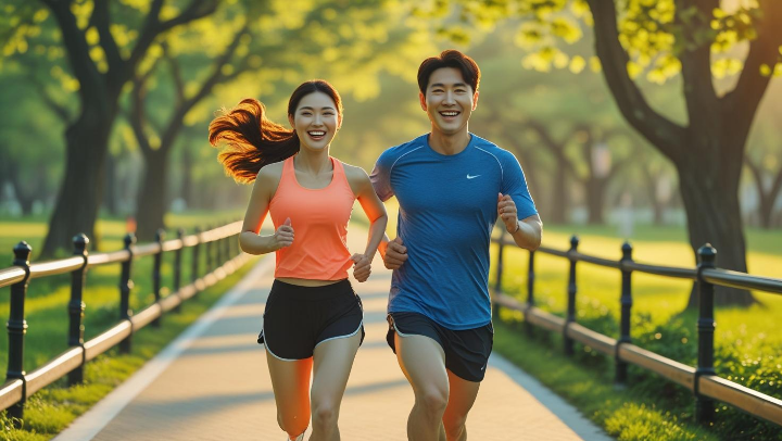 체육의 날을 맞아 이른 아침 공원에서 햇살을 받으며 밝은 표정으로 조깅을 하고 있는 커플.