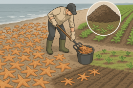 바닷가에 쌓여 있는 다수의 불가사리들과, 그 일부를 수거해 퇴비로 처리하는 장면. 한쪽에는 불가사리 기반 퇴비가 뿌려진 농작물 밭이 표현되어 있다.