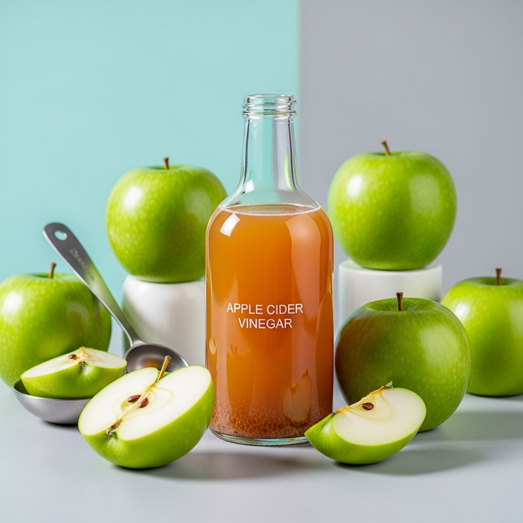초모가 보이는 애플사이다비니거 병과 신선한 녹색 사과들이 놓여 있는 정물 사진. 건강하고 깨끗한 느낌을 주며, 애플사이다비니거의 자연적인 효능을 상징합니다.