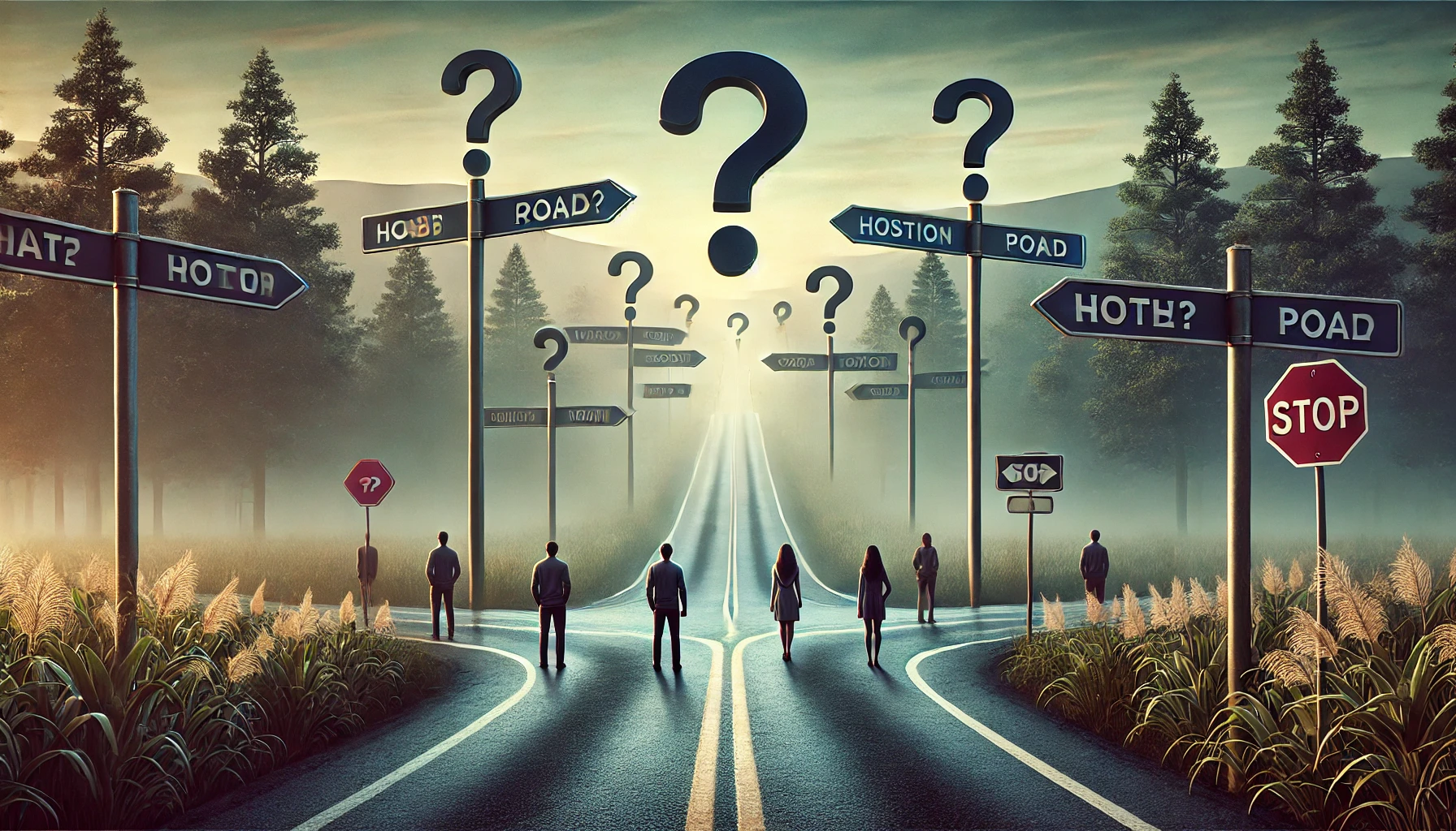 사람들이 길위에서 어느 방향으로 갈지 고민하고 있는 사진