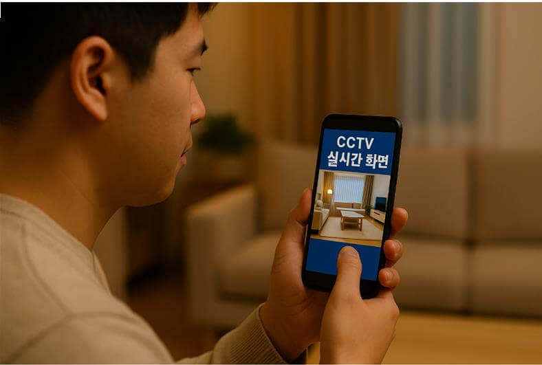 청년이 스마트폰으로 CCTV 실시간 화면을 확인