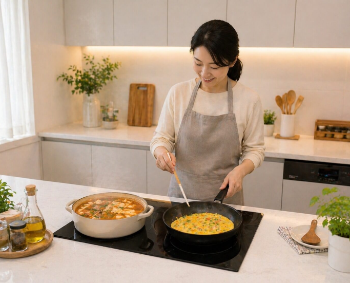 인덕션에서 요리하는 주부