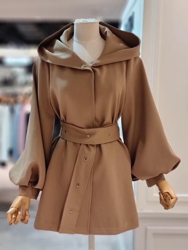 샤틴 후드 하프 소매 볼륨 트렌치코트S233k751