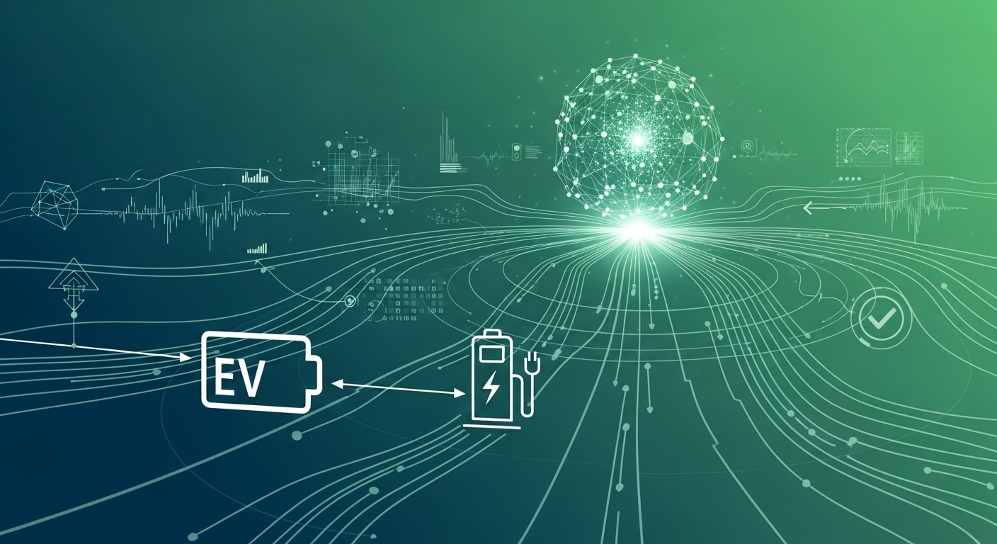 ์ ๊ธฐ์ฐจ ๋ฐฐํฐ๋ฆฌ์ ์ถฉ์  ๋ฐ์ดํฐ๋ฅผ ๋ถ์ํ๋ ๋ชจ์ต์ ์ถ์์ ์ผ๋ก ํํํ ์ด๋ฏธ์ง. ๋ฏธ๋ ์งํฅ์ ์ธ ๊ธฐ์ ๊ณผ ๋ฐ์ดํฐ ์ฐ๊ฒฐ์ฑ์ ๋ณด์ฌ์ค๋ค.