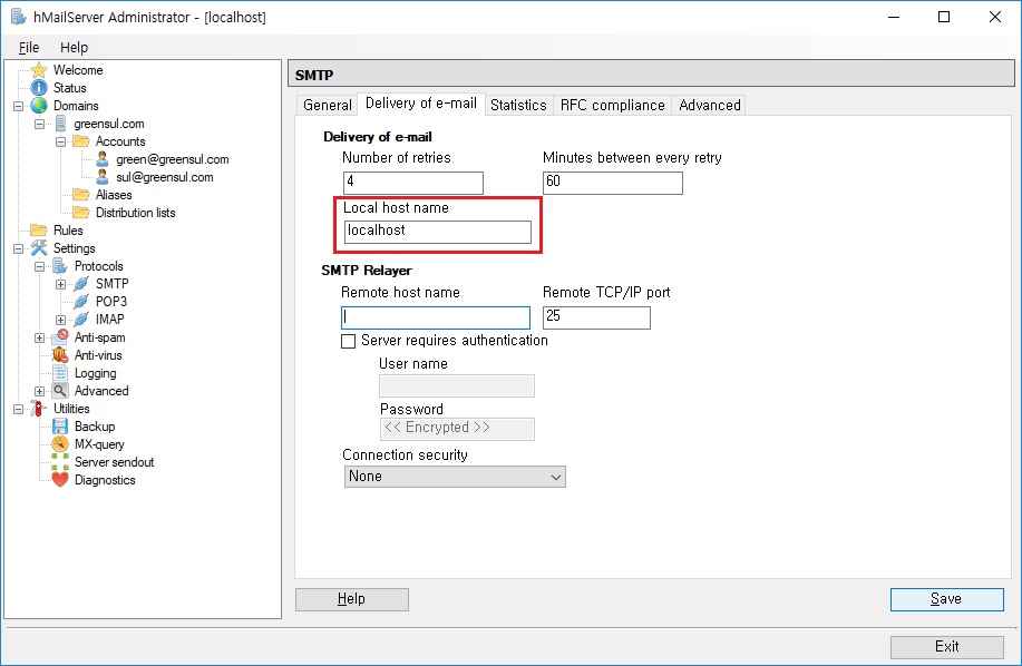 hMailServer administrator - SMTP