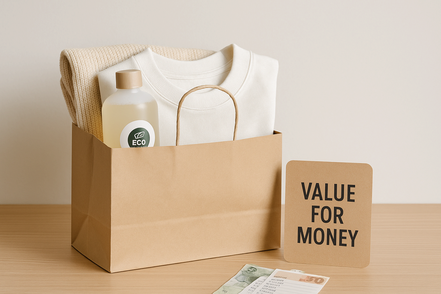 쇼핑백 안에 가치 있는 소비를 상징하는 제품들