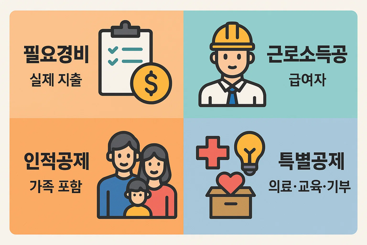 종합소득세 과세표준 계산 시 반영되는 필요경비, 근로소득공제, 가족 포함 인적공제, 의료비·교육비·기부금 등 특별공제를 정리한 인포그래픽 자료입니다.