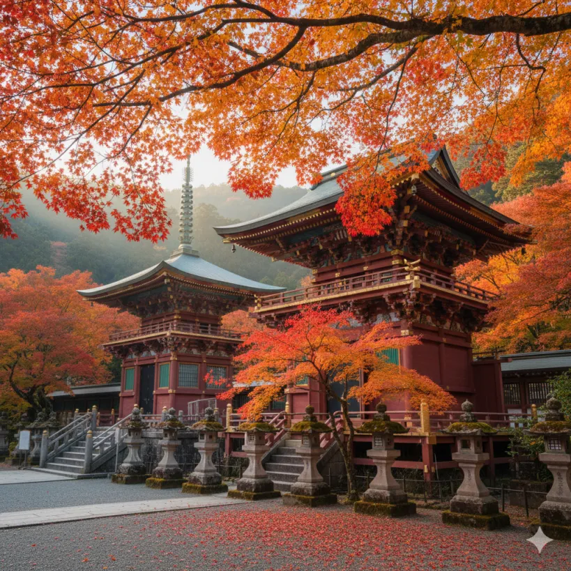 가을 단풍에 둘러싸인 닛코 도쇼구 신사 전경.