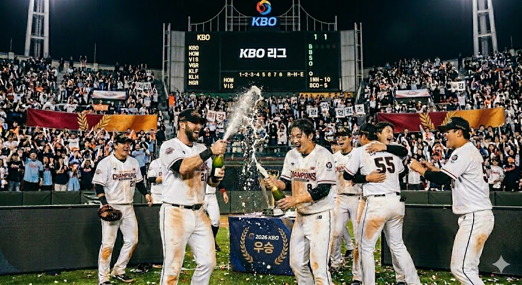 KBO 리그 정규시즌 우승을 확정 짓고 야구장에서 샴페인 세레머니를 하며 환호나는 야구 선수들