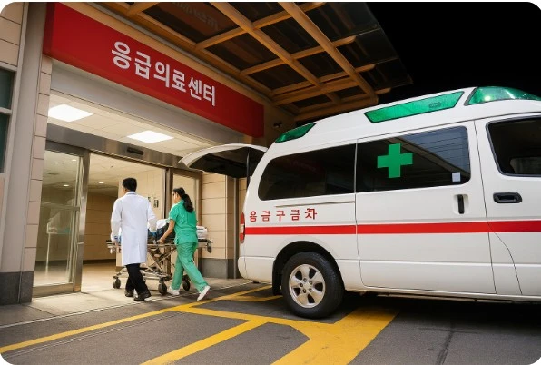 병원 응급실 입구에서 구급차로부터 환자를 들것에 실어 이송하는 의료진
