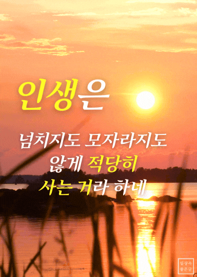 주황빛 노을과 호수 풍경 위에 인생을 적당히 살아가자는 문구가 적힌 따뜻한 감성 이미지