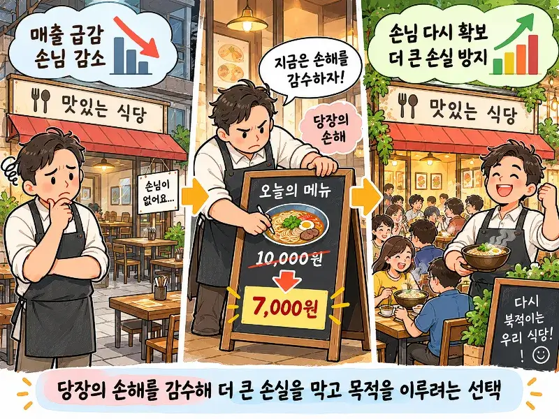 Educational illustration of Goyukjichaek, a Korean idiom describing a self-sacrifice strategy, showing a restaurant owner lowering menu prices despite short-term losses to attract customers and prevent greater business losses.