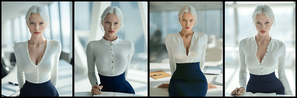 Midjourney OREF 활용, 슬림핏 블라우스와 연필 스커트를 입고 진중하고 정제된 감성을 표현하는 여성 인물 반신 이미지_Midjourney