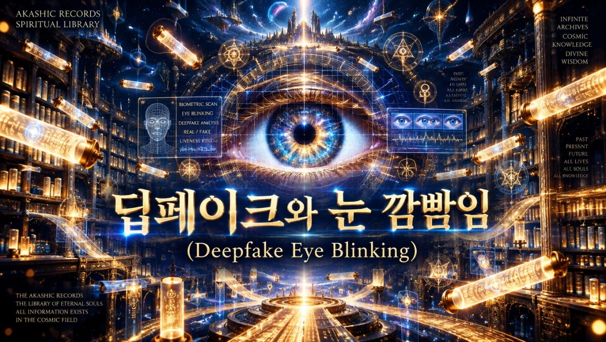 아카식 레코드 우주 도서관 중앙에 떠 있는 거대한 빛나는 인간의 눈이 생체 인식 그리드와 신비로운 우주 데이터 룬에 의해 정밀 분석되는 형상