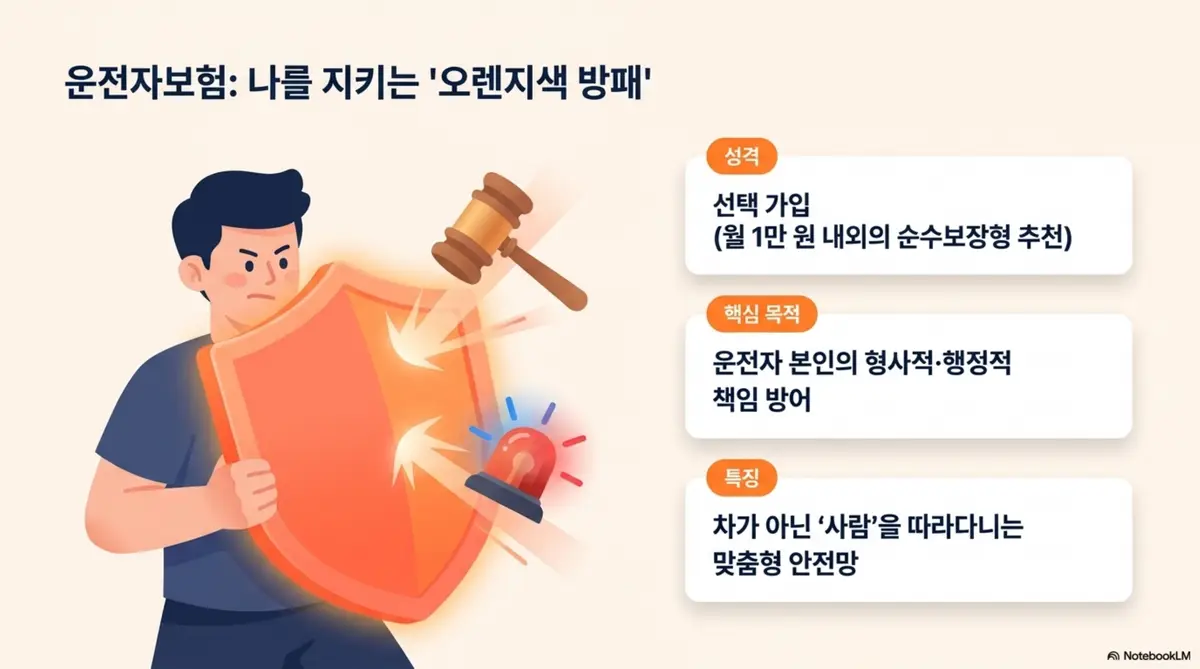 자동차보험 운전자보험 차이: 운전자보험을 나를 지키는 오렌지색 방패로 비유한 일러스트 이미지. 선택 가입 성격과 운전자 본인의 형사적 행정적 책임 방어라는 핵심 목적 그리고 차가 아닌 사람을 따라다니는 맞춤형 안전망이라는 특징을 카드 형태로 정리하여 운전자보험의 보장 구조를 설명함