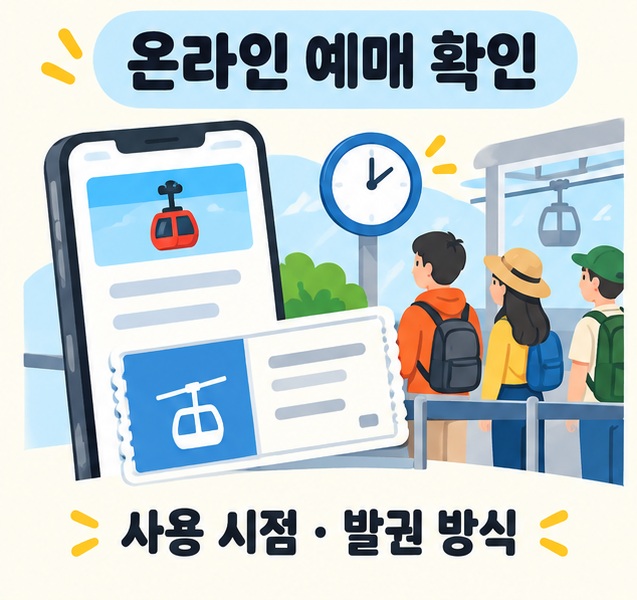 온라인 티켓 예매와 현장 발권 및 탑승 대기 확인 일러스트