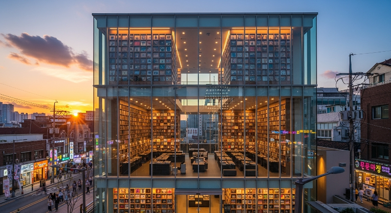 해질녘 이태원 거리에서 본 현대카드 뮤직라이브러리의 전경. 통유리 안으로 1만여 장의 LP판이 가득한 서가가 보이고, 건물 중앙의 비어있는 공간 너머로 도시의 불빛이 빛나는 모습.