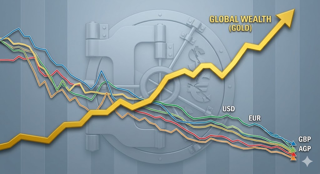 GLOBAL WEALTH (GOLD) trendline up, fiat currencies trendline down. Systemic debasement graph.