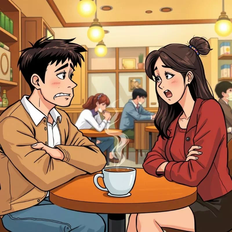 카페에서 남성과 여성이 대화하며 서로의 의견 차이를 보이는 장면, 관계 갈등 상황