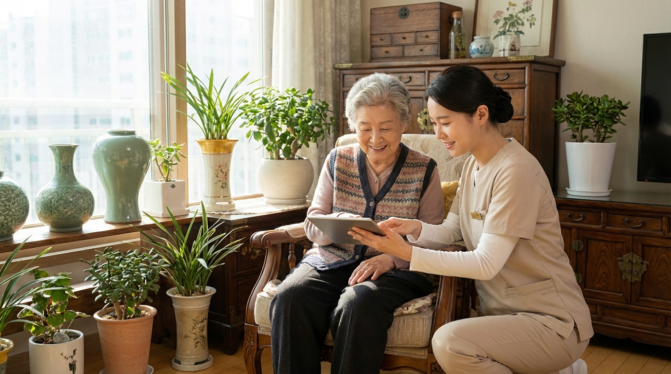 거실에서 단정한 유니폼을 입은 요양보호사와 상담 중인 고령 여성의 모습