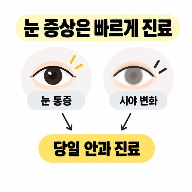 눈 통증과 시야 변화를 나타낸 두 눈 그림에서 당일 안과 진료 문구로 화살표가 이어지는 도식