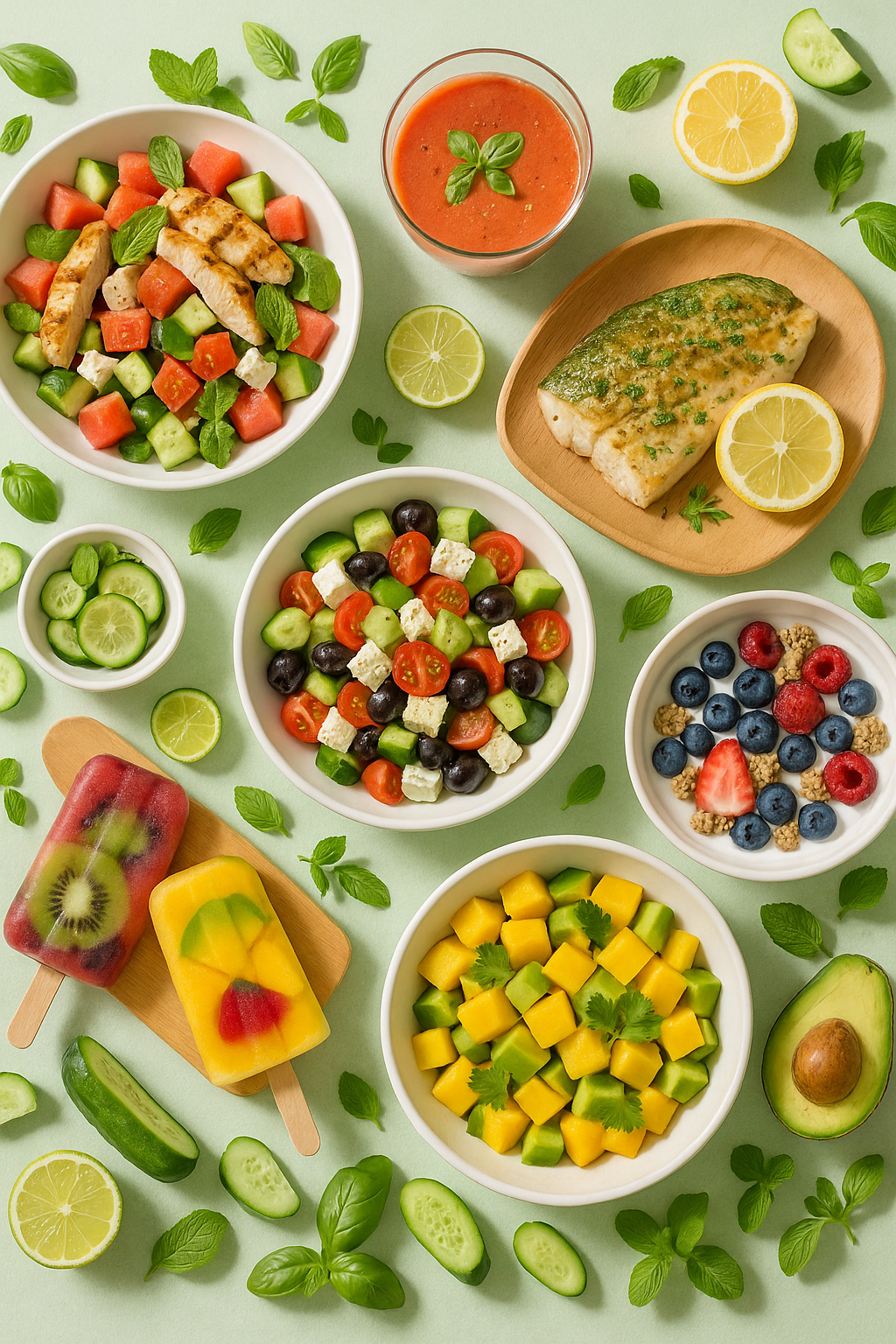 여름철 다이어트 음식들이 배치된 테이블