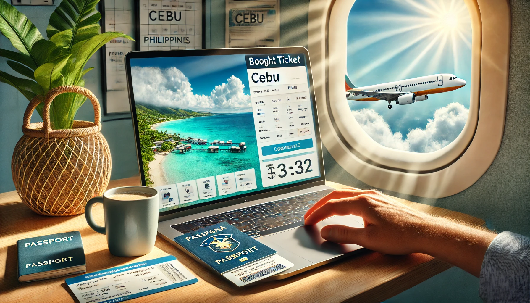 항공권을 예약하는 사람의 모습, 비행기 창밖으로 보이는 푸른 하늘과 세부 해변 전경