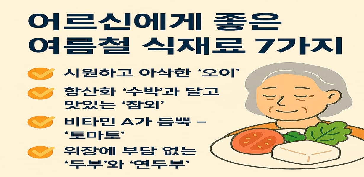 어르신에게 좋은 여름철 건강 식재료 7가지를 안내하는 한국어 인포그래픽