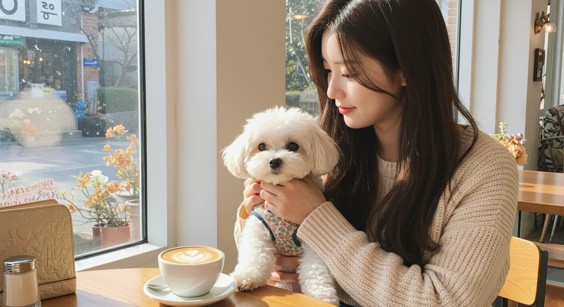반려견과 함께 즐기는 공간에 온 여성 이미지