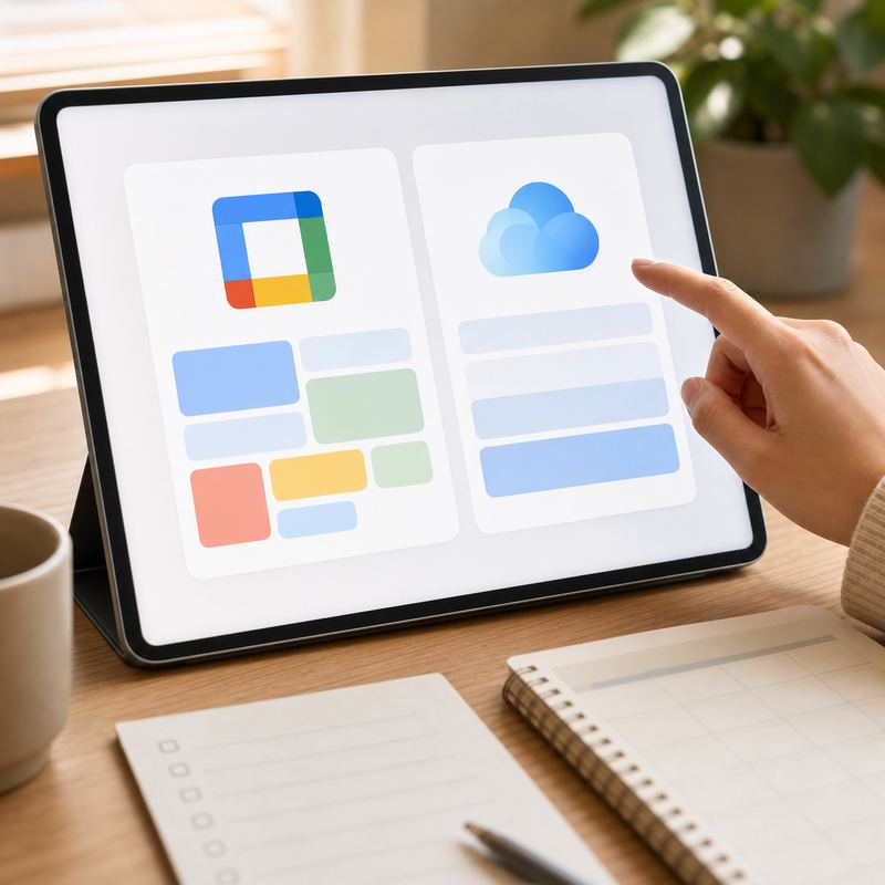 Google 캘린더와 iCloud 계정 선택 영역이 나뉜 설정 패널