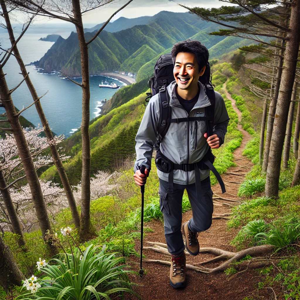 울릉도 트래킹하는 중년남자