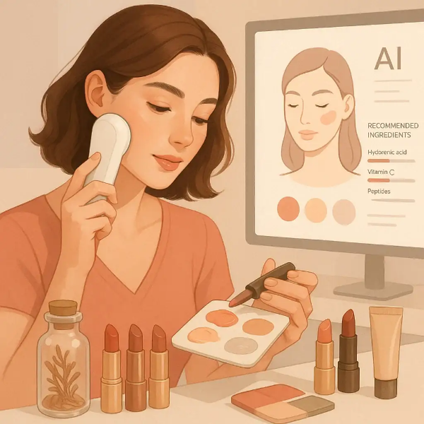 피부 진단 기기와 립스틱, 팔레트, 튜브형 화장품이 함께 배치된 뷰티 테크 일러스트